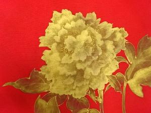 アンティーク　塩瀬手描き牡丹模様名古屋帯